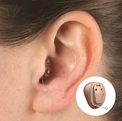 Close-up shot of a woman wearing a completely-in-canal (CIC) hearing aid, which is not visible from the outside, offering a discreet and comfortable fit